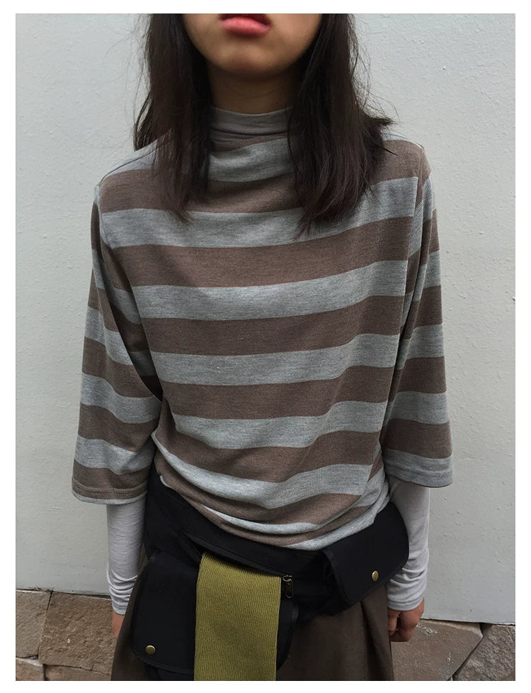 Brown Stripe Mock-Neck Three-Quarter Sleeve Tee