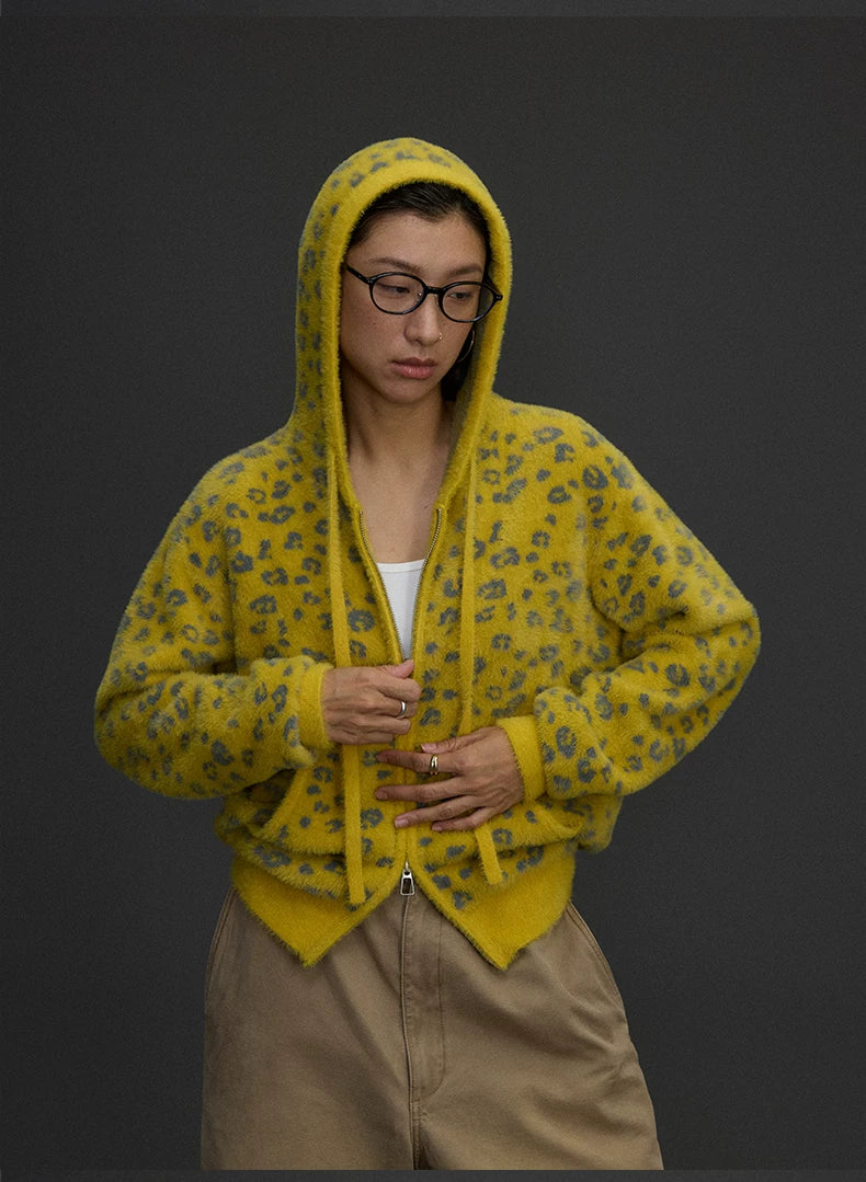 Yellow Leopard Knit Hoodie