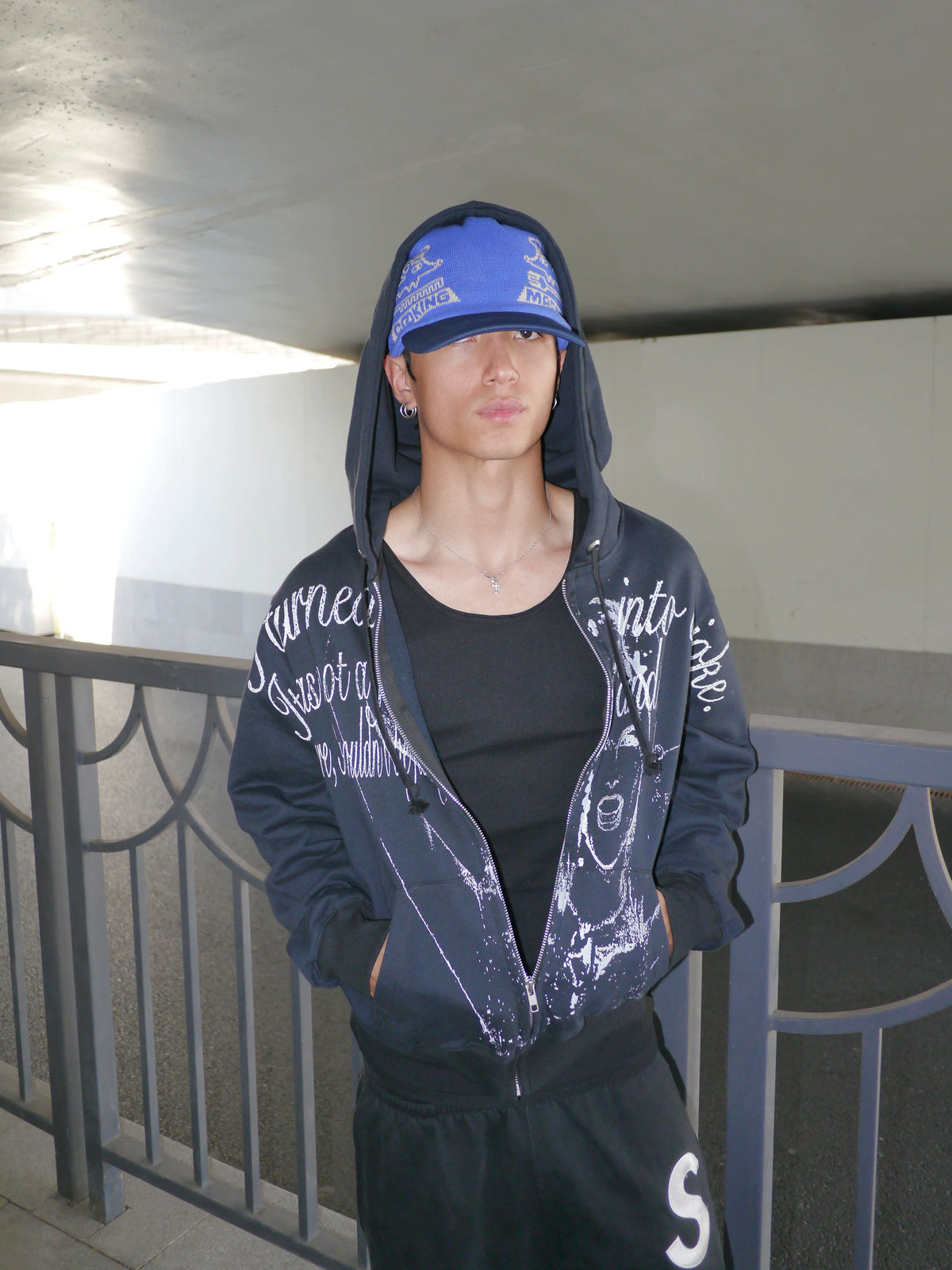 Graphic Embroidered Knit Beanie in Brown and Blue color