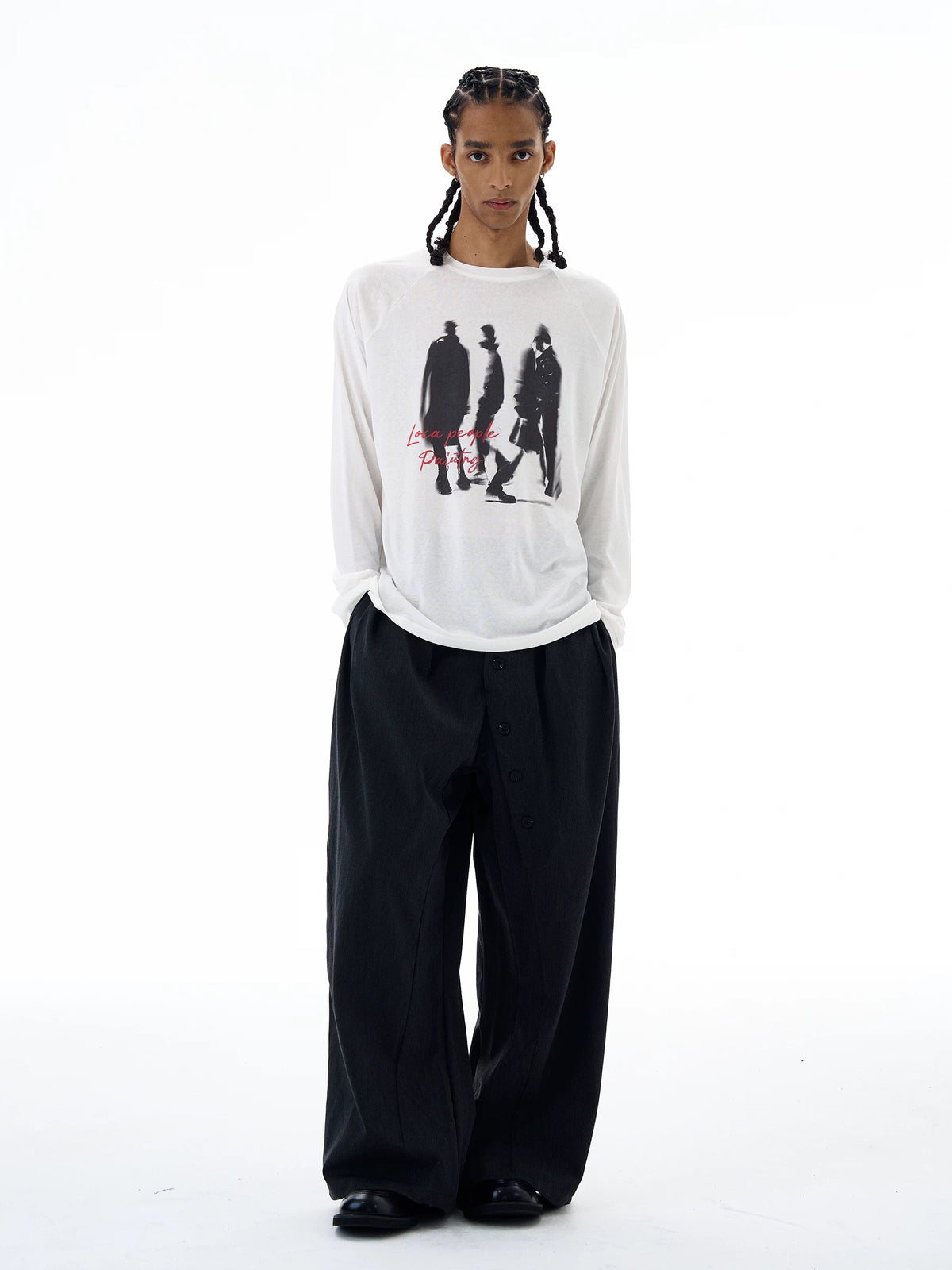 White graphic long sleeve T-shirt, front view