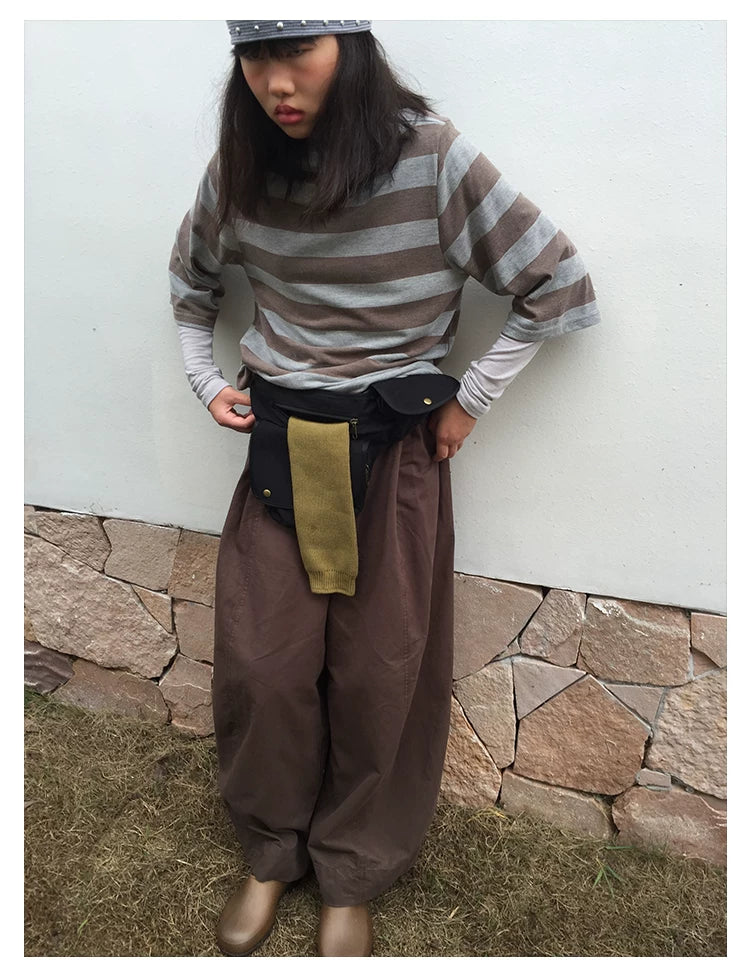 Brown Stripe Mock-Neck Three-Quarter Sleeve Tee