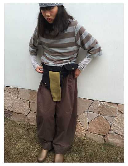 Brown Stripe Mock-Neck Three-Quarter Sleeve Tee
