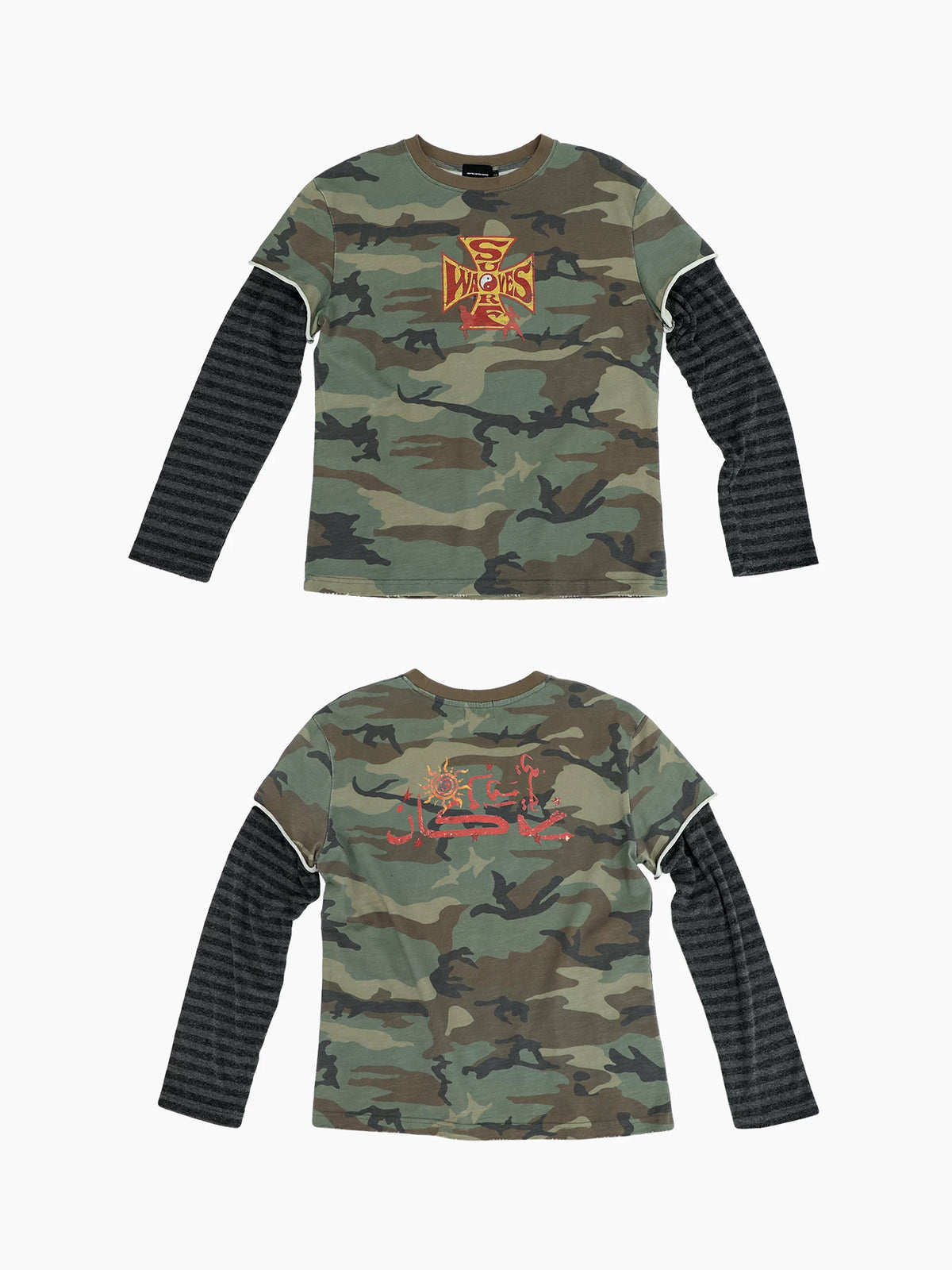 Camo layered-sleeve T-shirt, front and back product views