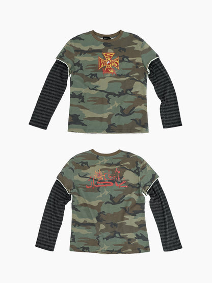 Camo layered-sleeve T-shirt, front and back product views