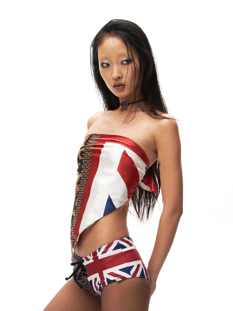 Leopard and Flag Print Bandana worn as a tube top