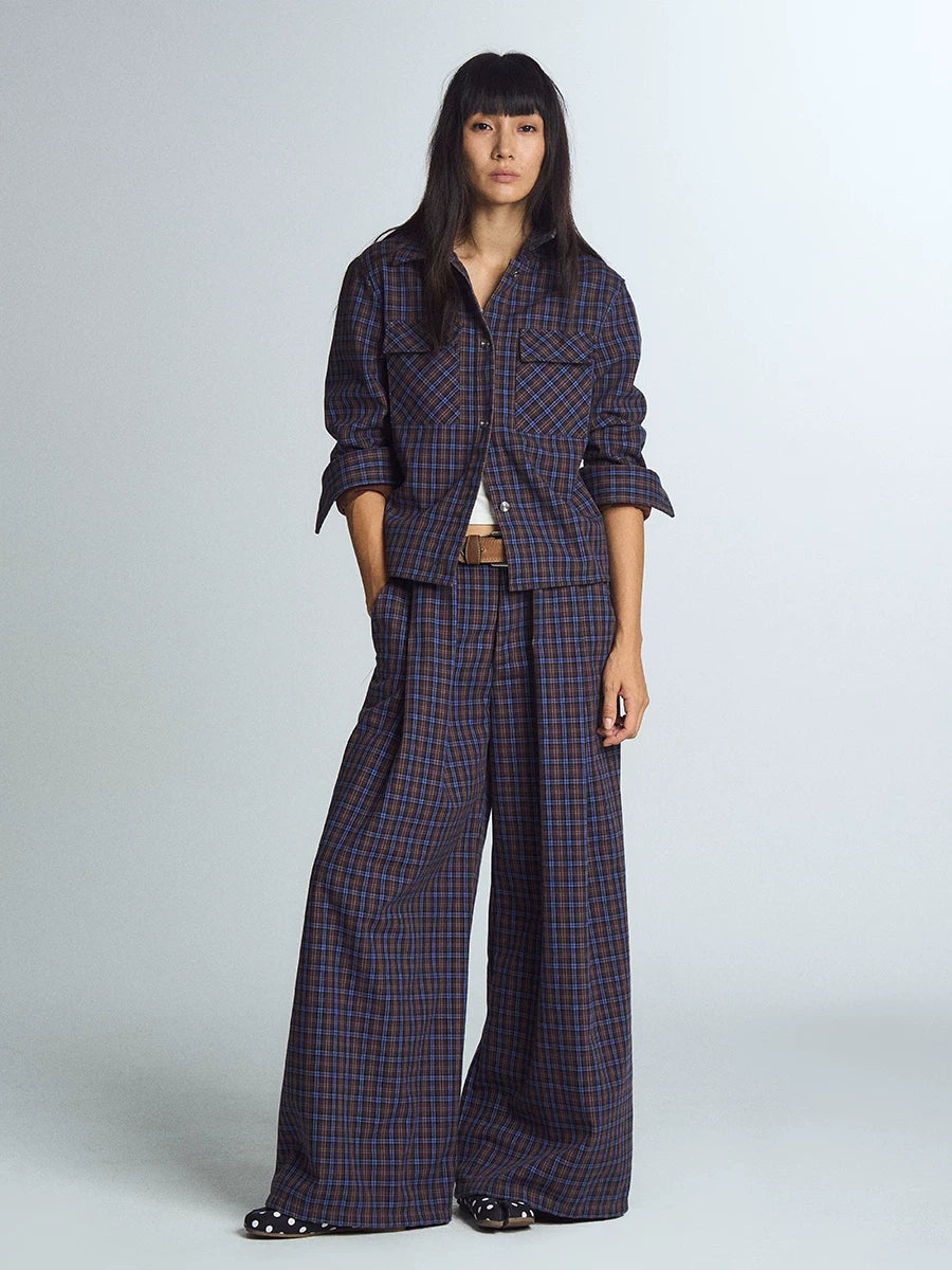 Blue Plaid Wide-Leg Trousers product view