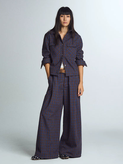 Blue Plaid Wide-Leg Trousers product view