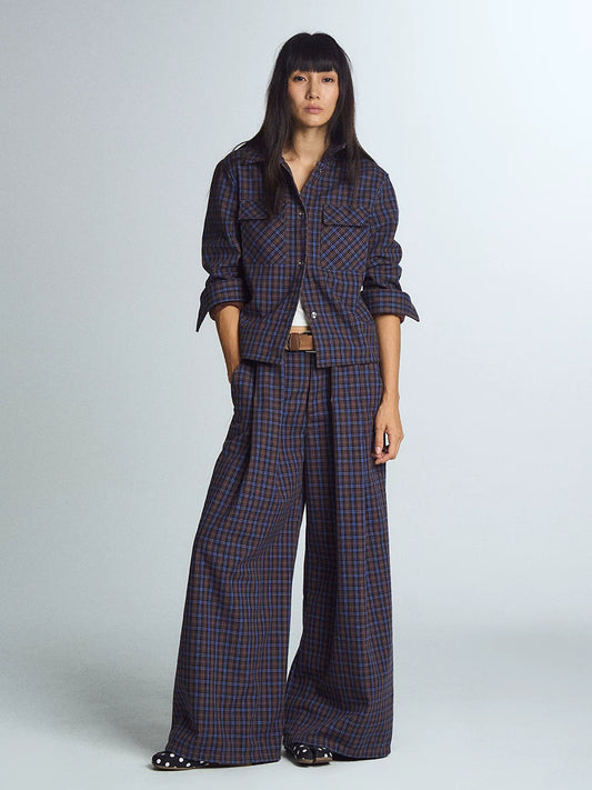 Blue Plaid Wide-Leg Trousers product view