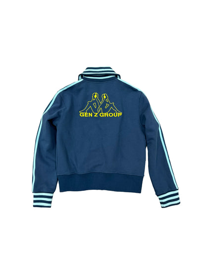 Navy track jacket, back view with embroidered logo