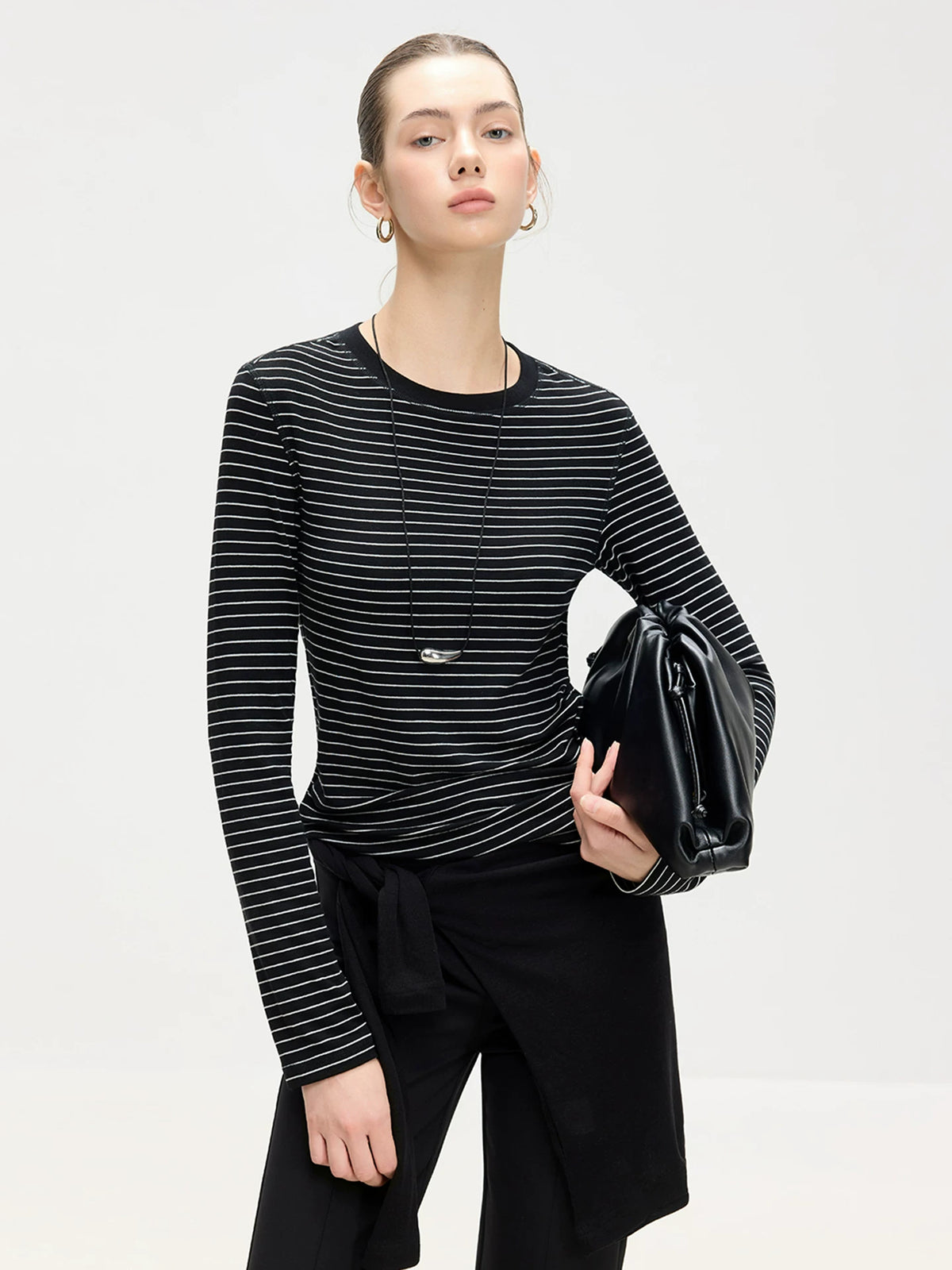 Tencel-Wool Striped Long Sleeve Top