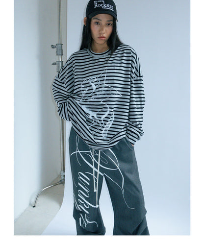 Hand Drawn Print Wide Leg Trousers