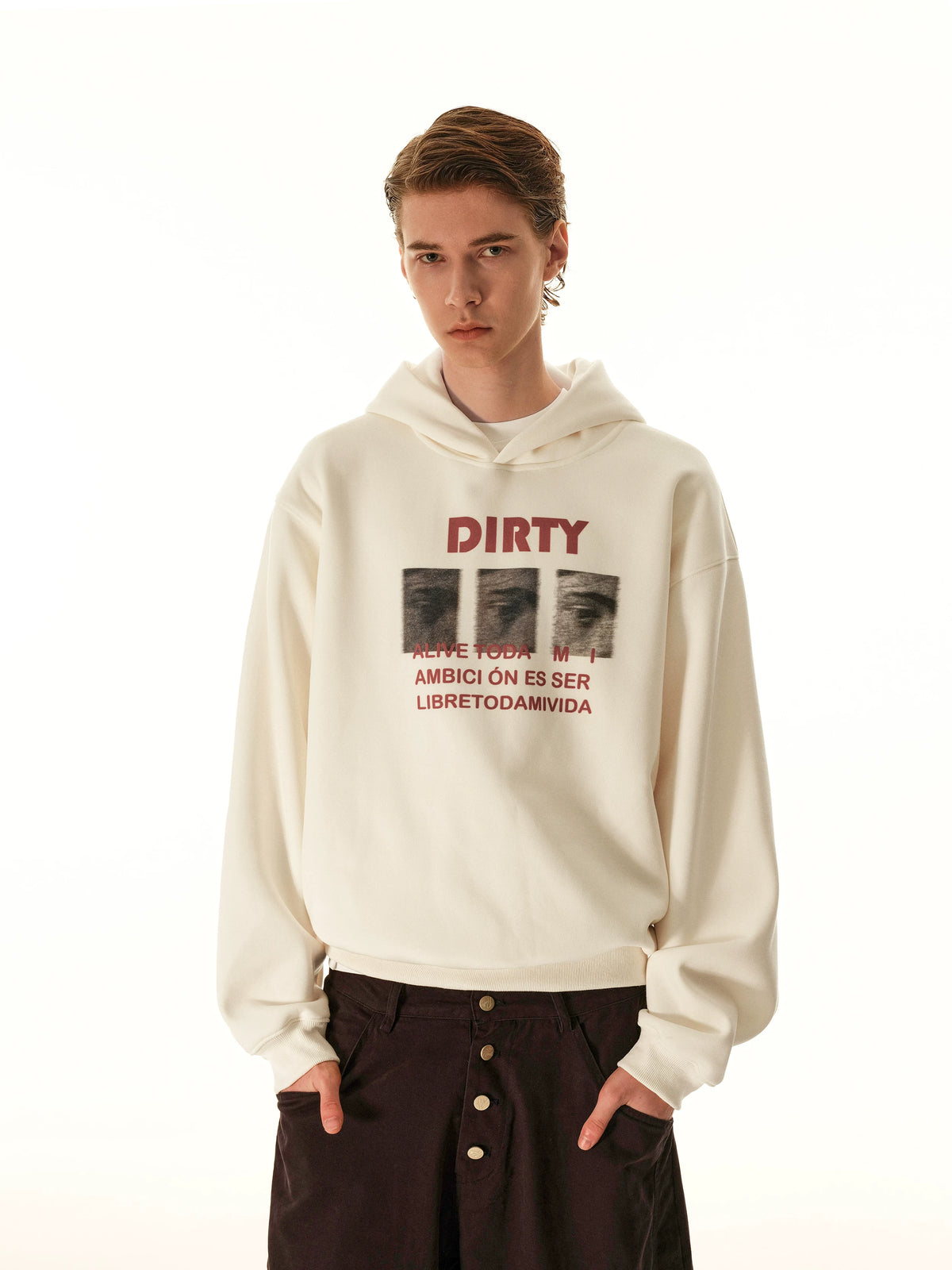 Cream graphic hoodie, front view