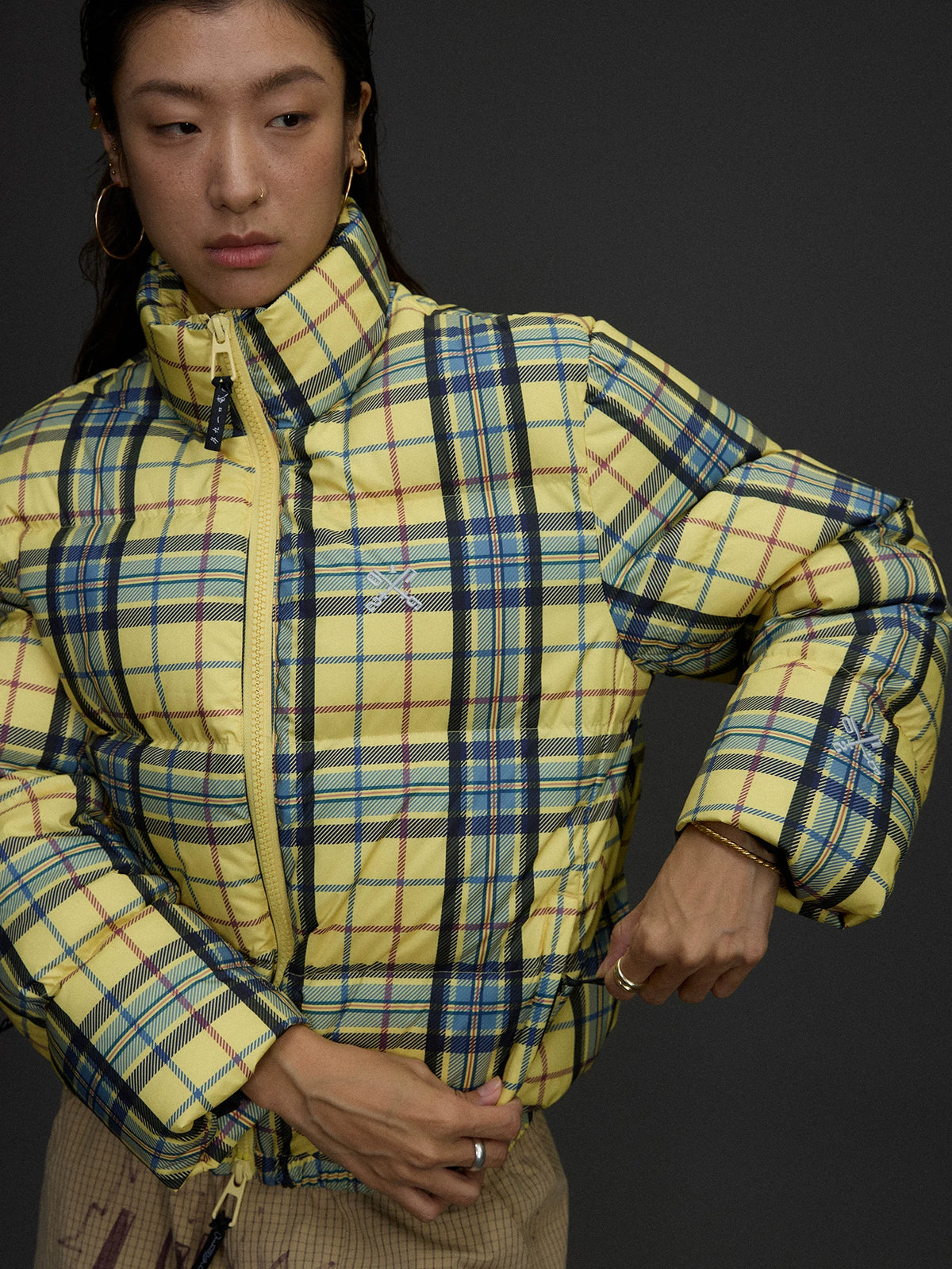 Yellow Plaid Hooded Puffer Jacket product photo, yellow plaid