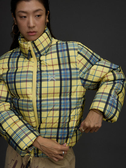 Yellow Plaid Hooded Puffer Jacket product photo, yellow plaid