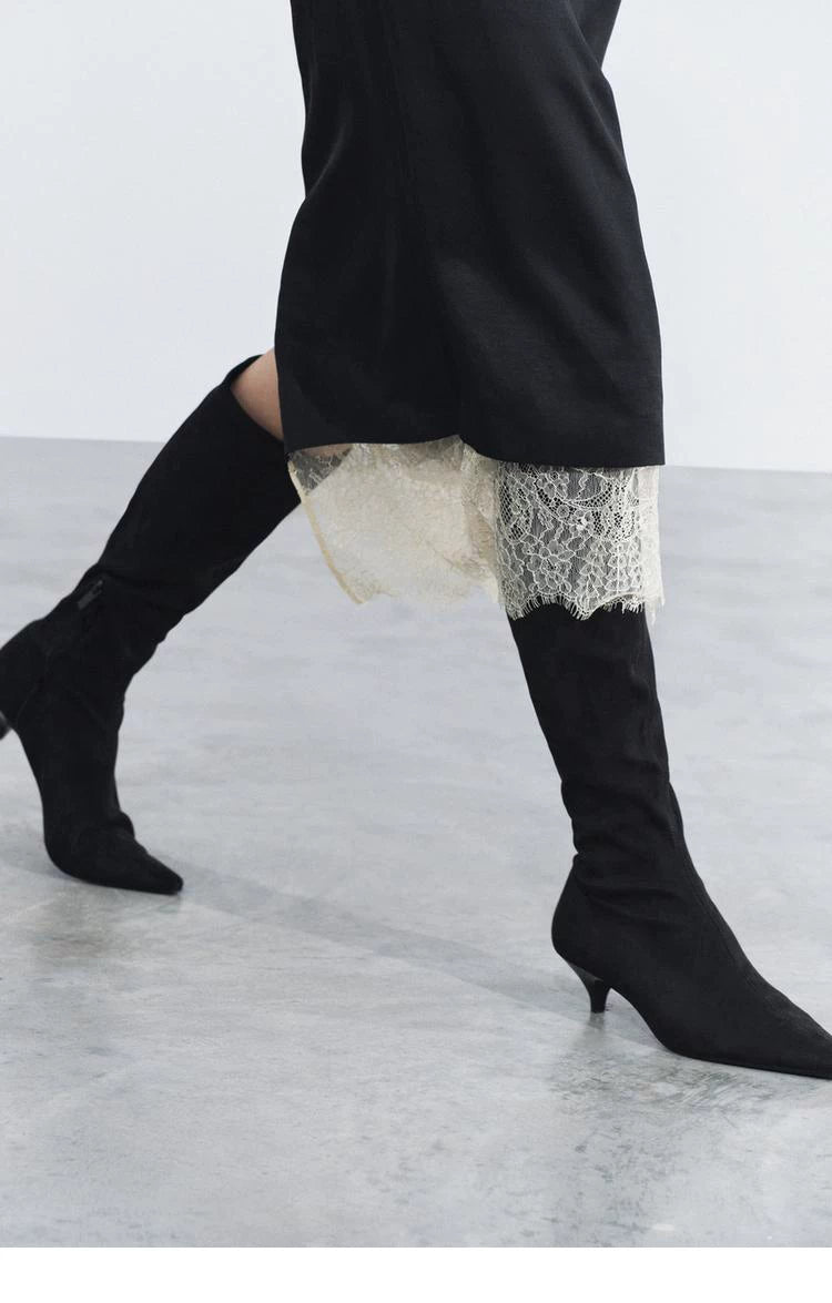 Women's Pointed Toe Kitten Heel Knee-High Boots