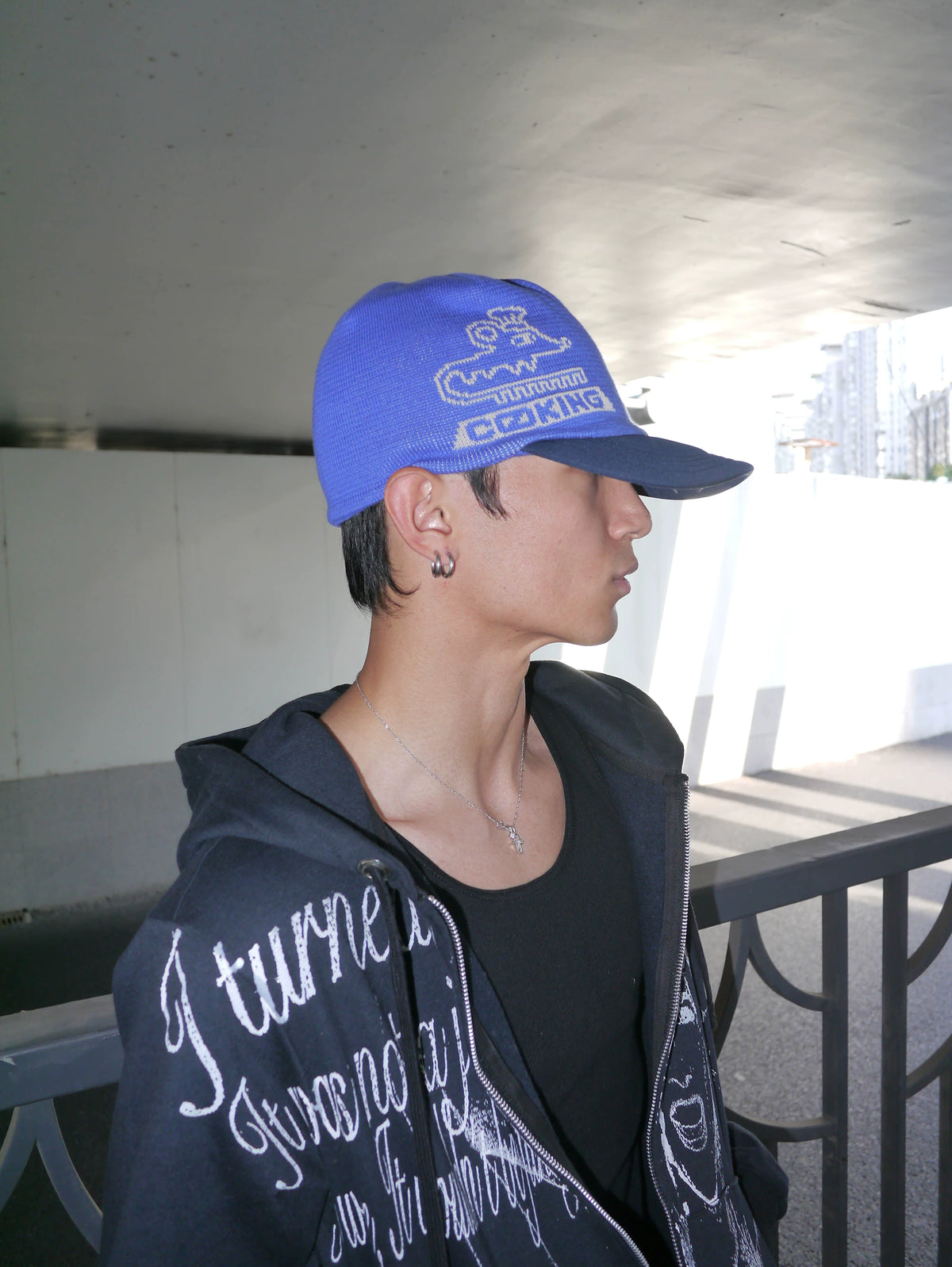 Graphic Embroidered Knit Beanie in Brown and Blue color