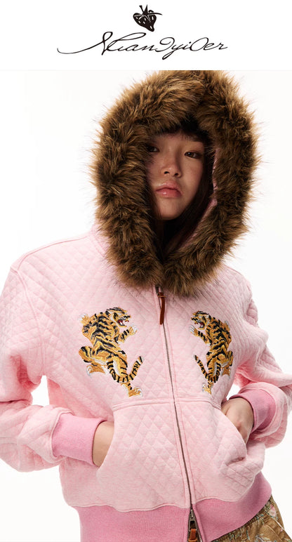 Tiger Embroidered Quilted Hooded Jacket
