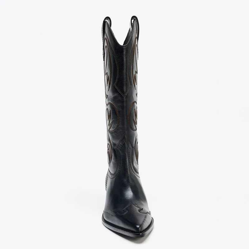 Women's Embroidered Pointed Toe Western Knee-High Boots