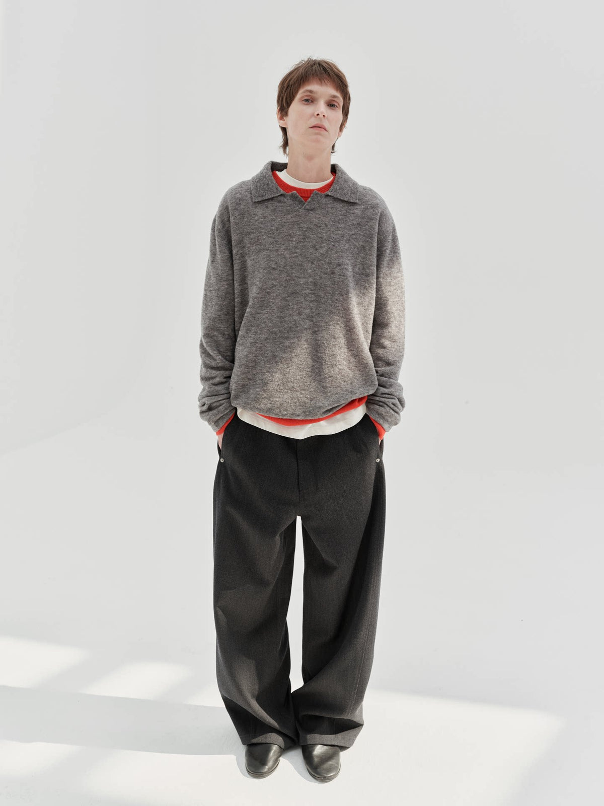 Grey boucle polo sweater, front view