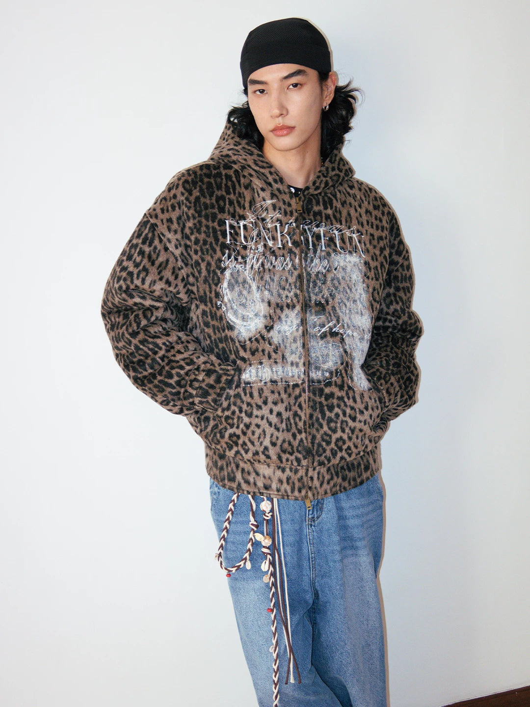 Distressed Leopard Print Padded Hooded Jacket