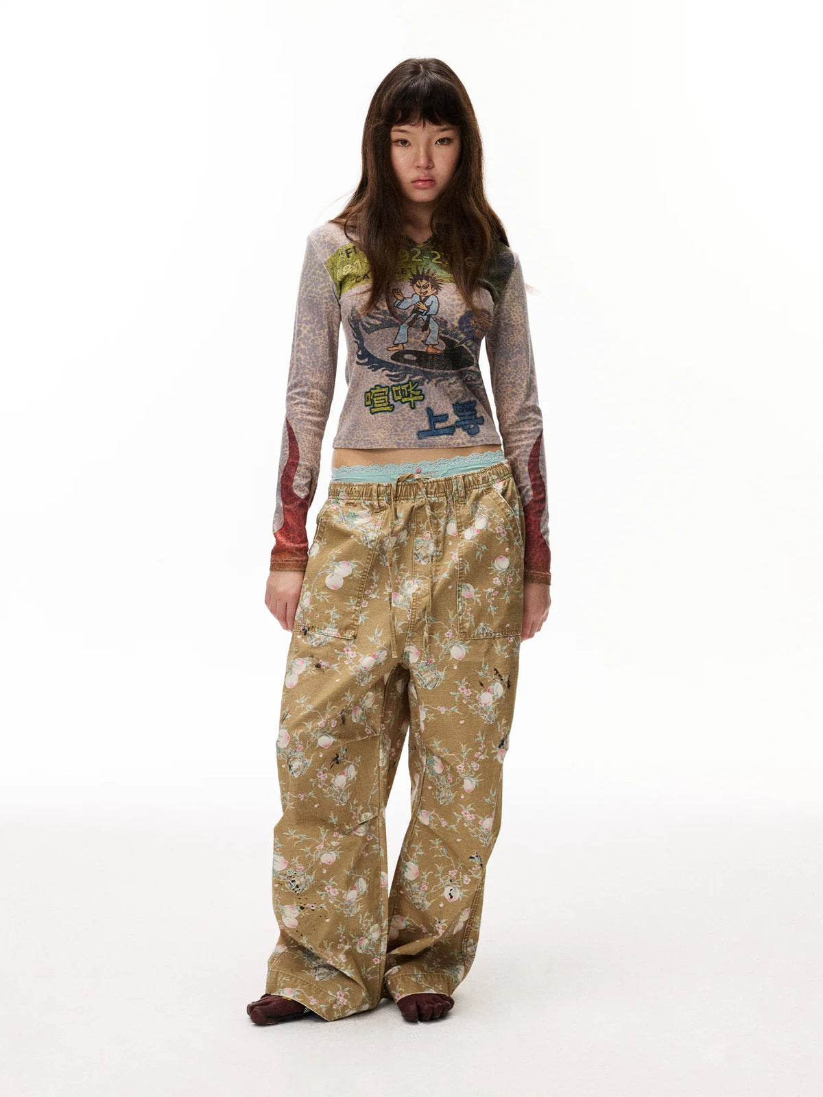 Distressed Floral Wide-Leg Cargo Pants