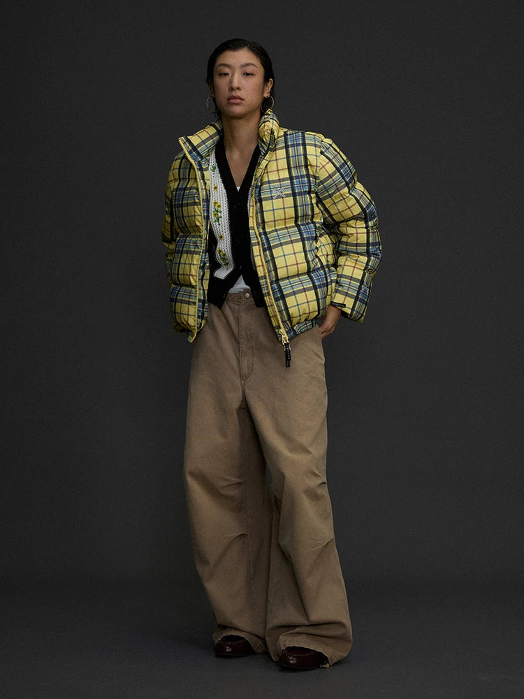 Yellow Plaid Hooded Puffer Jacket product photo, yellow plaid