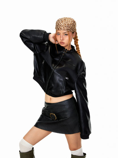 Cropped PU Leather Jacket
