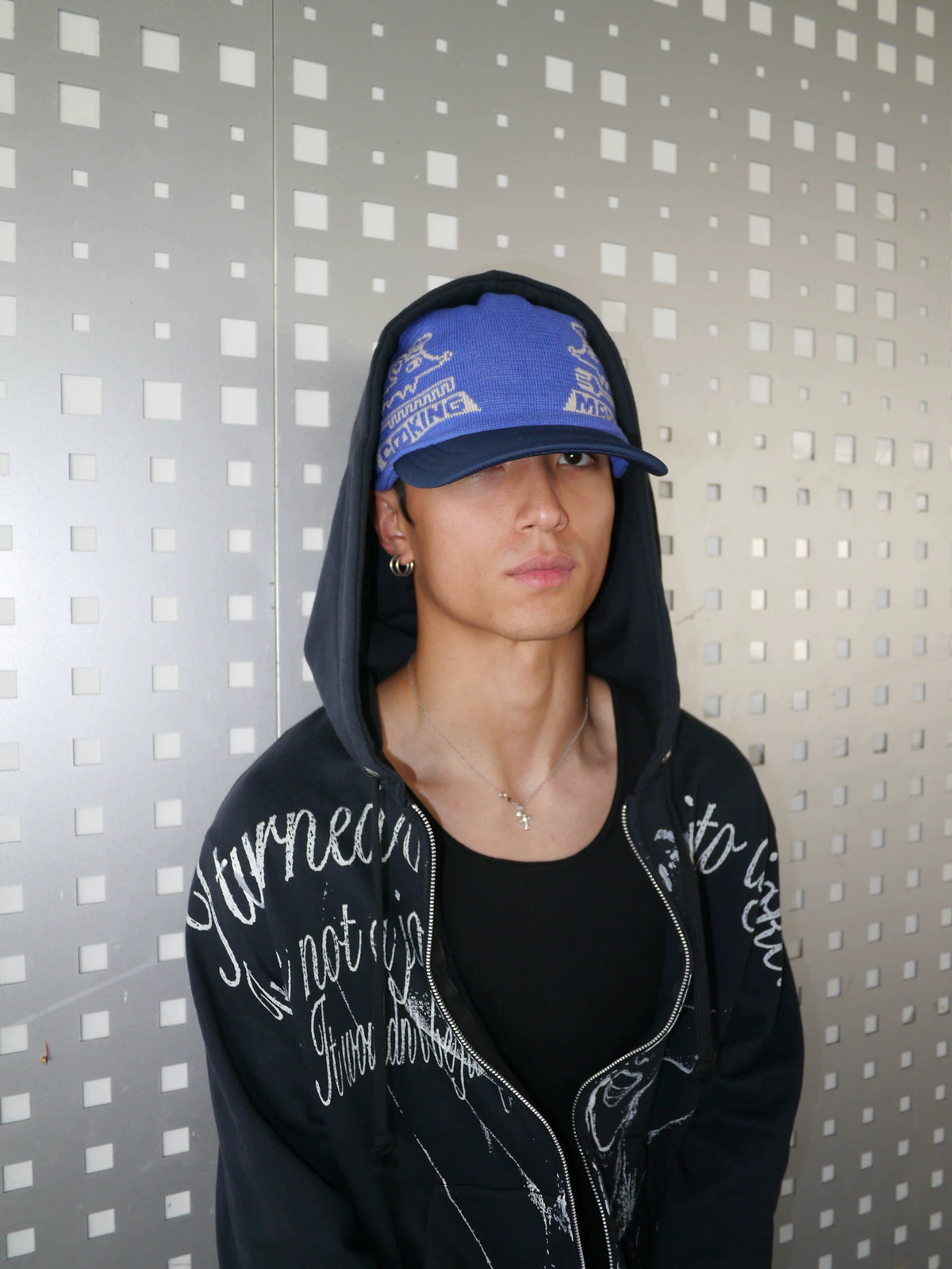 Graphic Embroidered Knit Beanie in Brown and Blue color