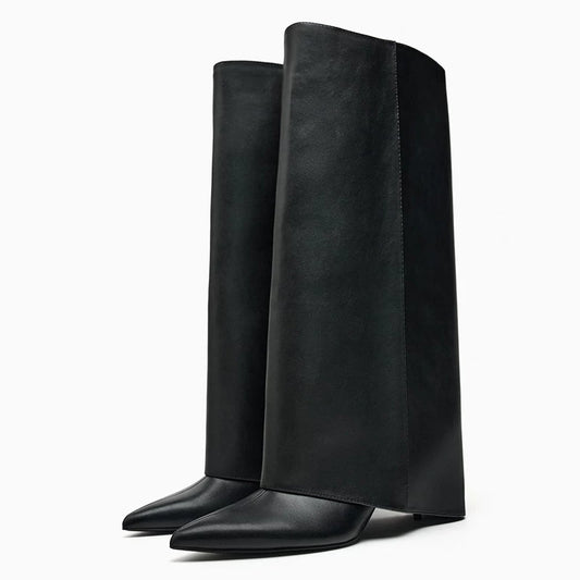 Women's Pointed Toe Stiletto Wide-Shaft Knee-High Boots
