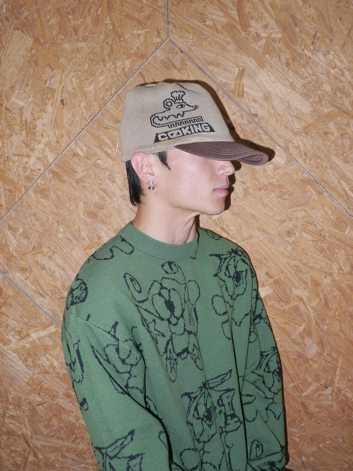 Graphic Embroidered Knit Beanie in Brown and Blue color