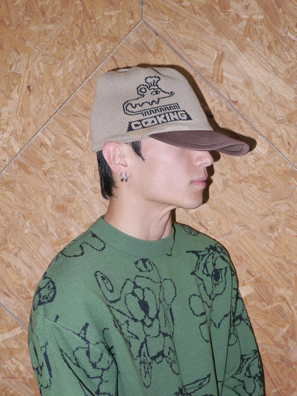 Graphic Embroidered Knit Beanie in Brown and Blue color