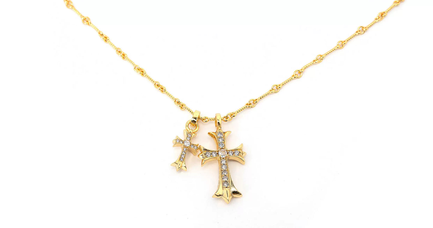 24K Gold-Plated Double Cross Crystal Necklace