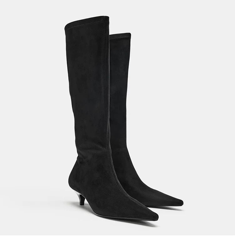 Women's Pointed Toe Kitten Heel Knee-High Boots