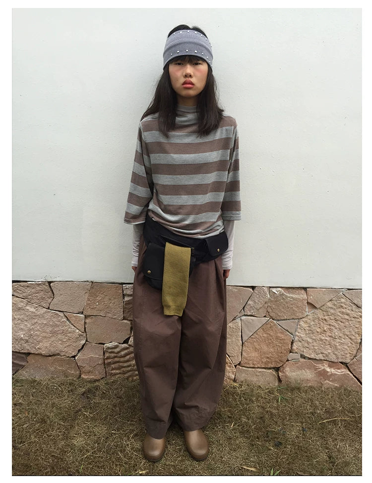 Brown Stripe Mock-Neck Three-Quarter Sleeve Tee