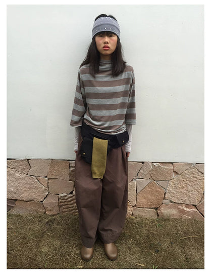 Brown Stripe Mock-Neck Three-Quarter Sleeve Tee