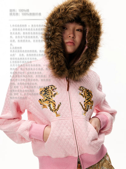 Tiger Embroidered Quilted Hooded Jacket