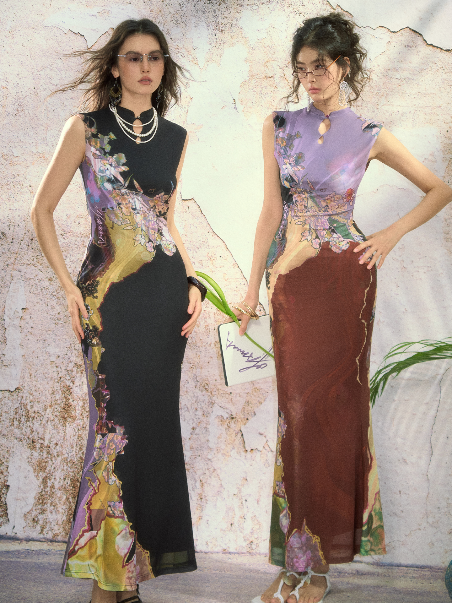 Contrast Print Reversible Qipao Dress