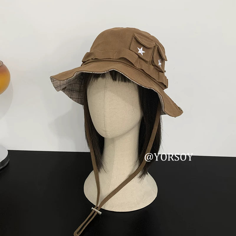 Women's Vintage Navy Star Bucket Hat – Adjustable Sun Protection Hiking, Camping & Fishing Hat
