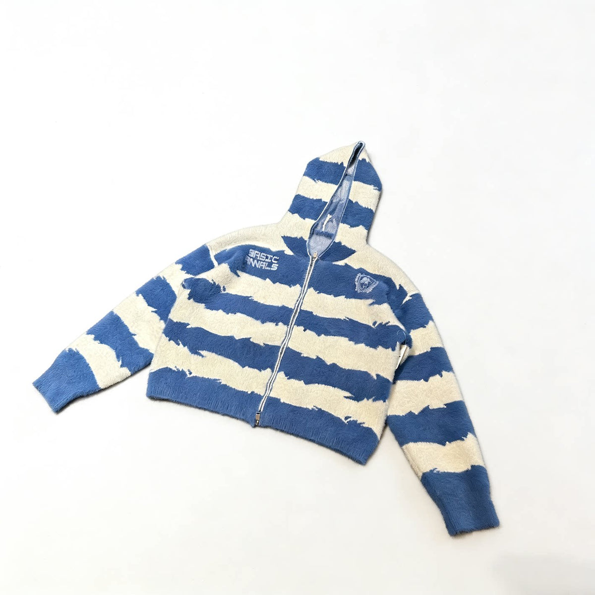 Blue and white striped hooded zip sweater, angled flat lay view