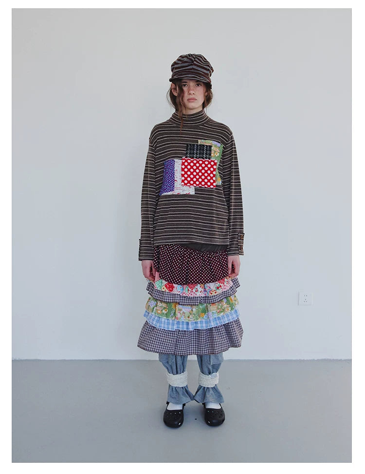 Brown Patchwork Stripe Long-Sleeve Top