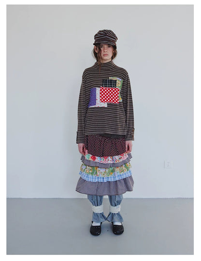 Brown Patchwork Stripe Long-Sleeve Top