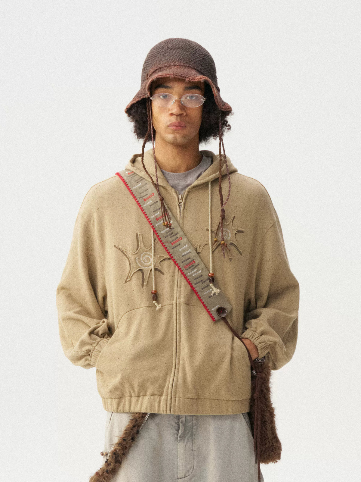 Khaki zip hoodie, front view with chest embroidery