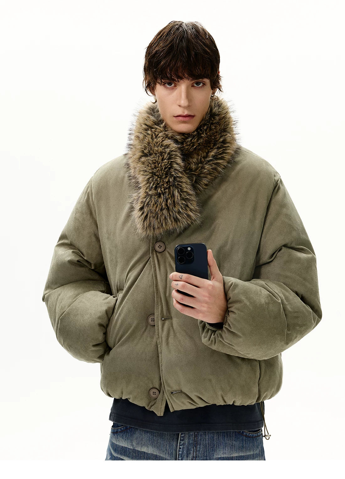 Olive padded jacket with detachable shaggy collar, collar detail