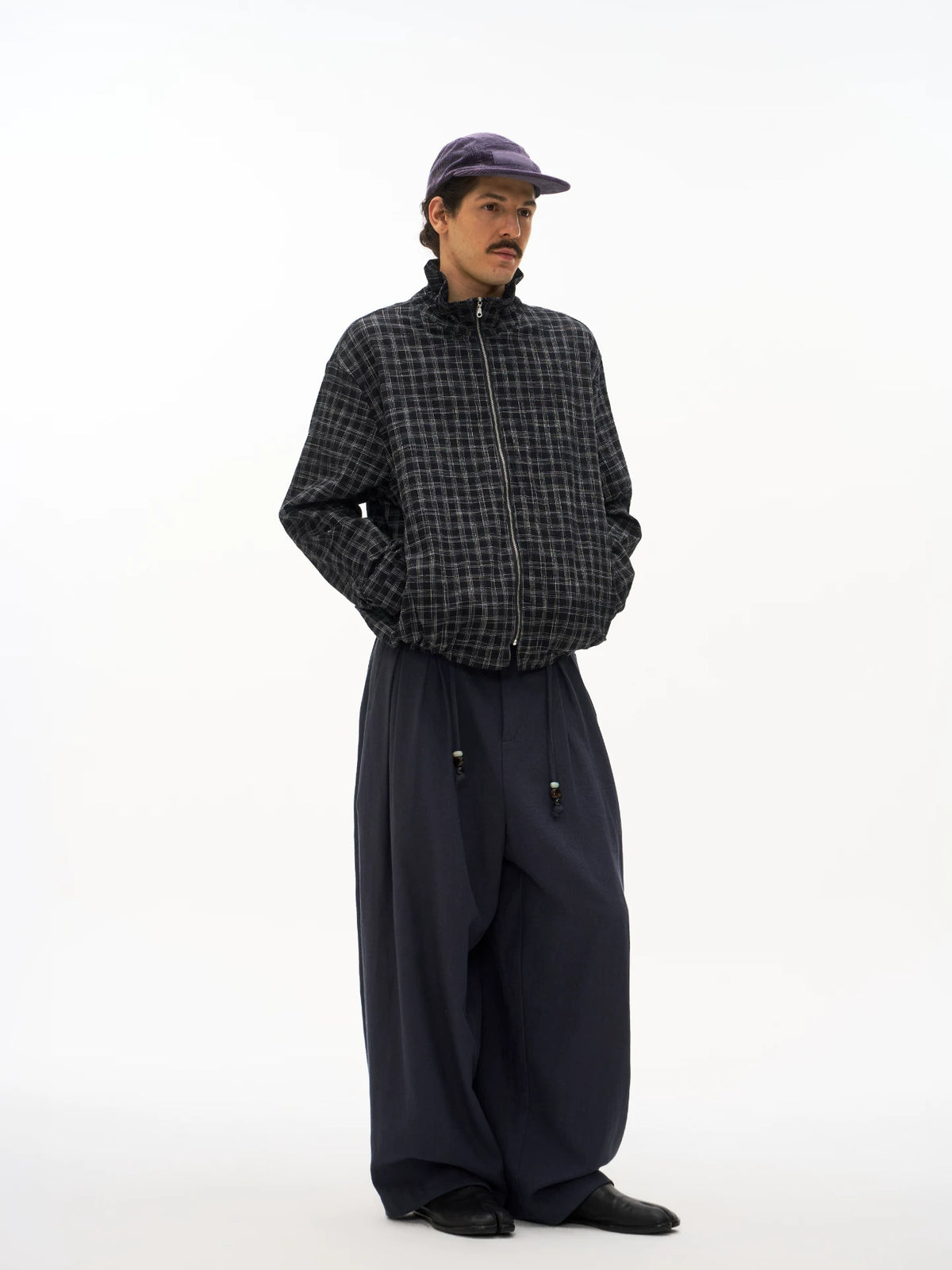 Textured Check Stand Collar Jacket in black