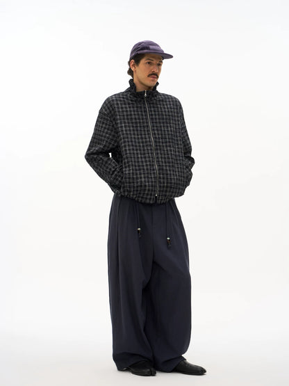 Textured Check Stand Collar Jacket in black