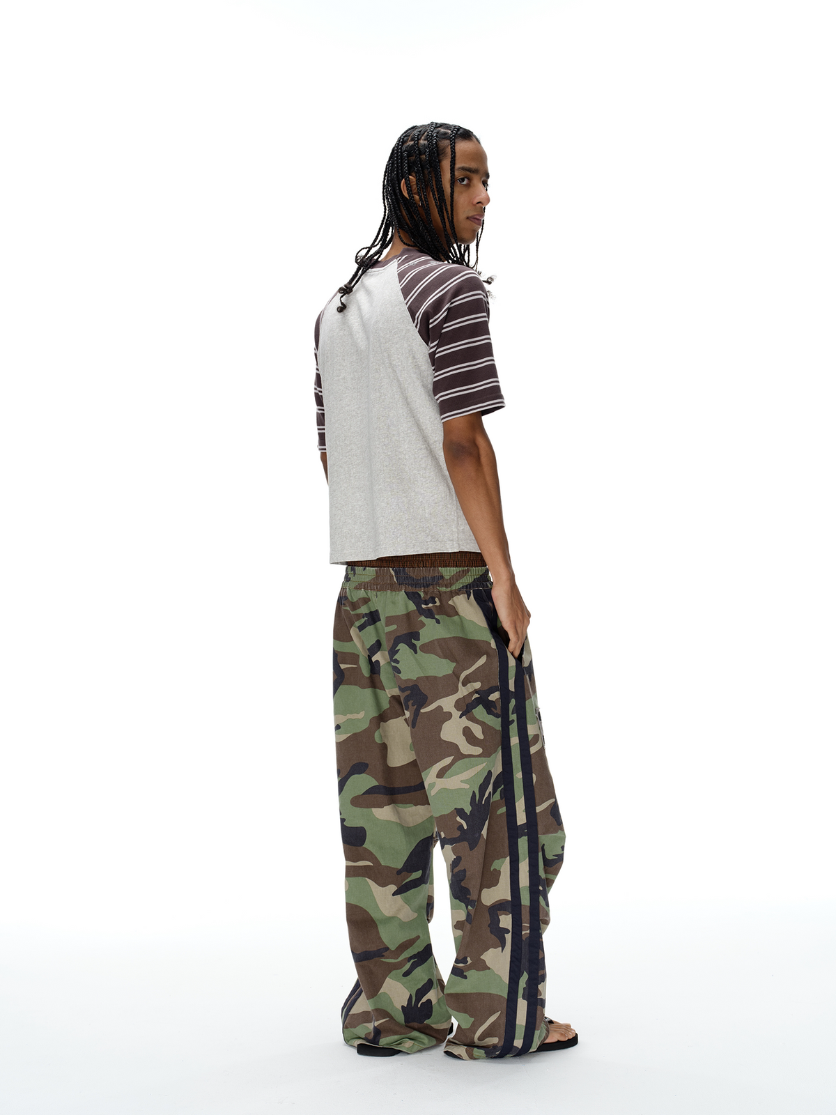 Full-length view of the camouflage wide-leg pants
