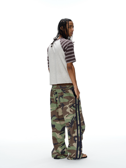 Full-length view of the camouflage wide-leg pants