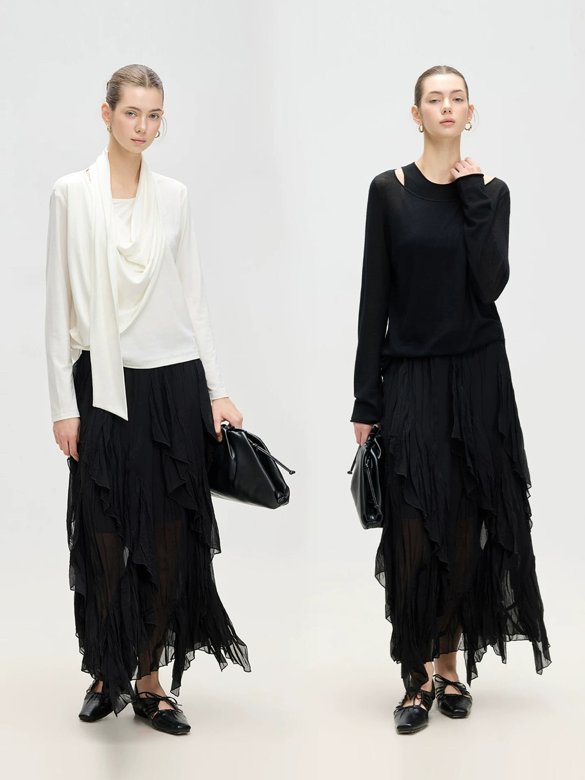 Asymmetric Mesh Pleated Midi Skirt