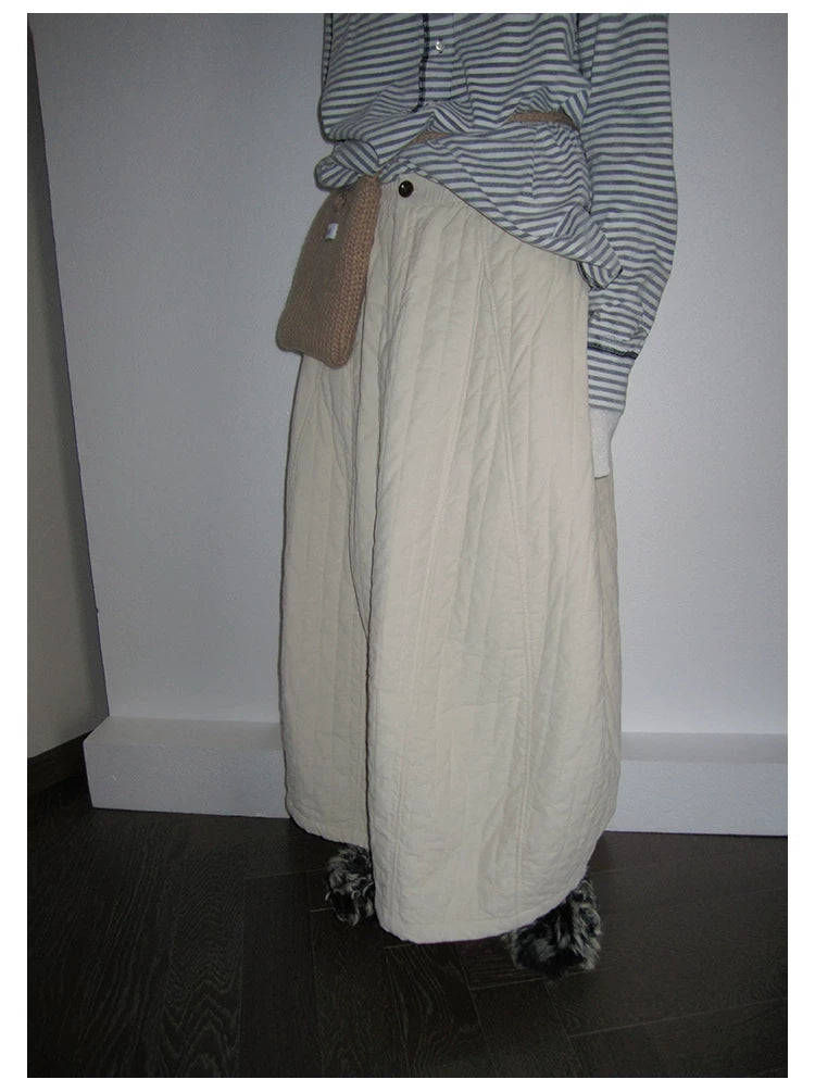 Cream Quilted A-Line Midi Skirt
