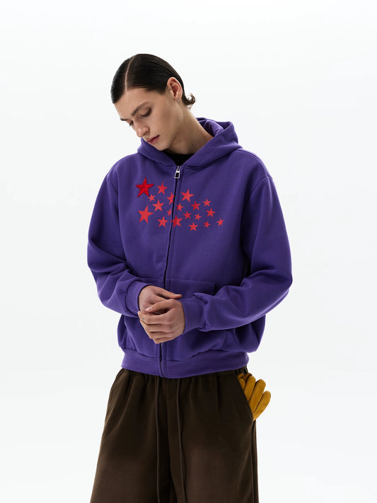 Purple hoodie, angled front view with red star print